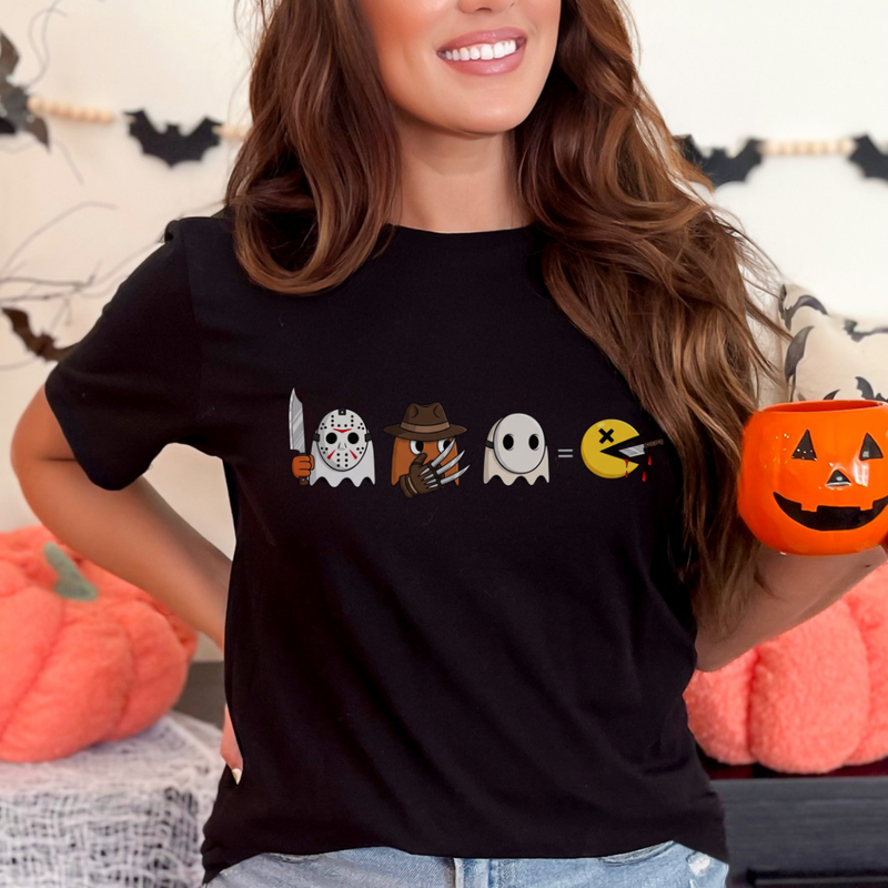 Halloween Pac-Man Tee – Ghosts Dressed as Freddy, Jason & Scream