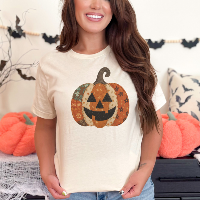 Faux Pumpkin Patchwork Graphic Tee – Cozy Fall Pumpkin Season Shirt