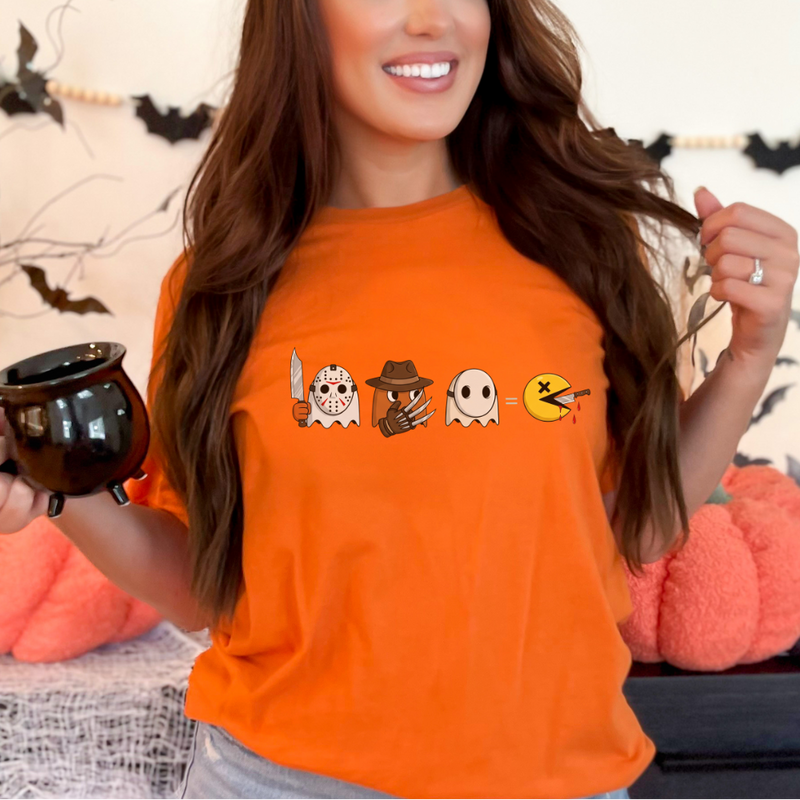 Halloween Pac-Man Tee – Ghosts Dressed as Freddy, Jason & Scream