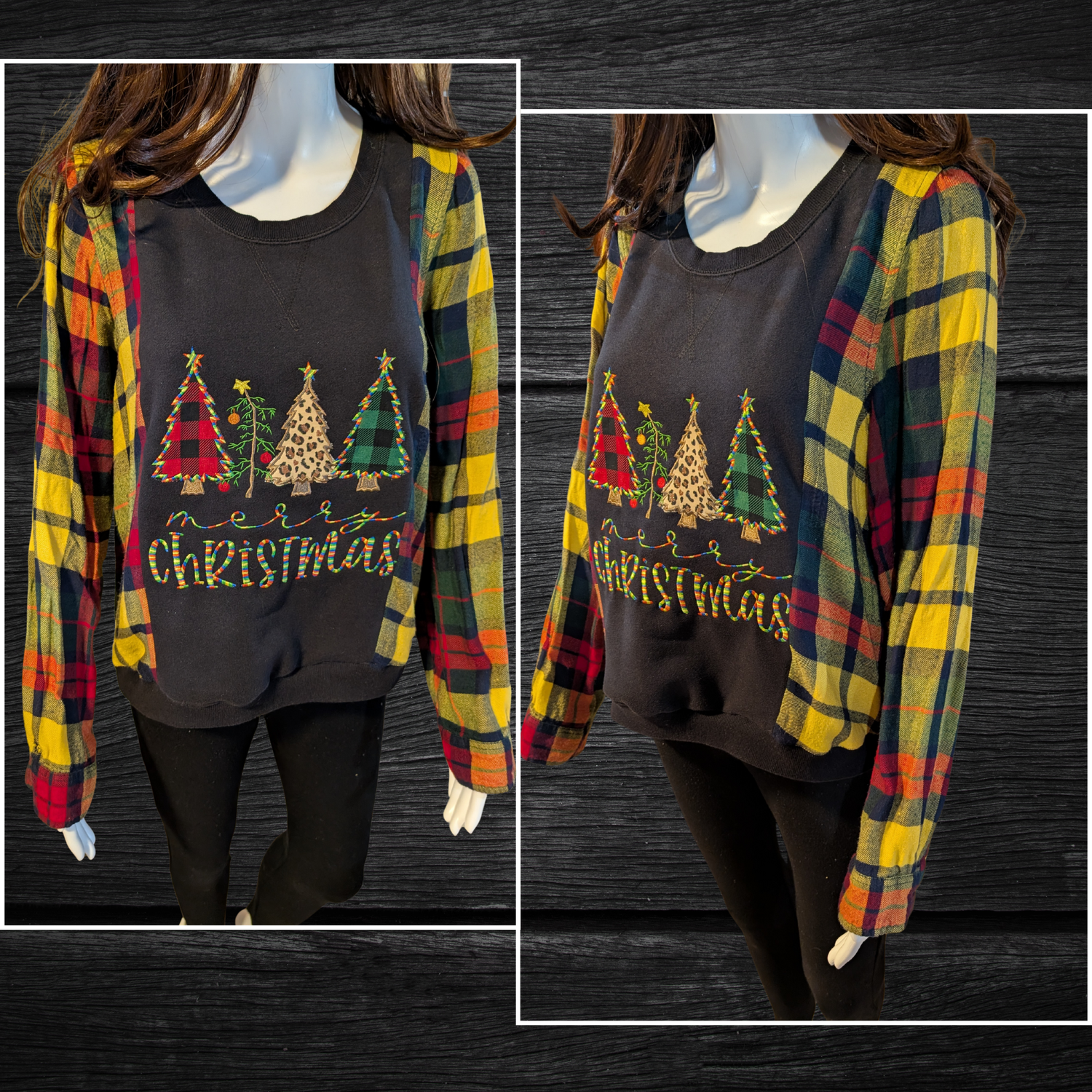 Upcycled Holiday Shirt – Plaid Sleeves & Festive Tree Design