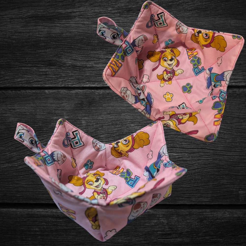 Handmade Cozie Bowl – Pink Pup Print, Microwave‑Safe Kids Bowl Holder