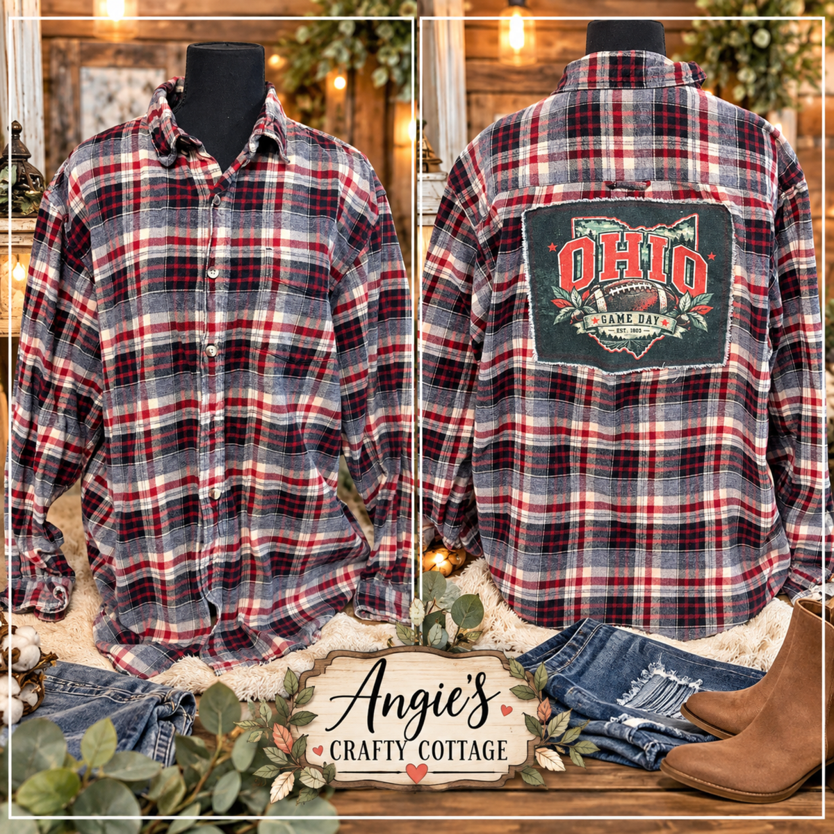 Ohio Game Day Upcycled Flannel – Vintage Football Shirt – XL