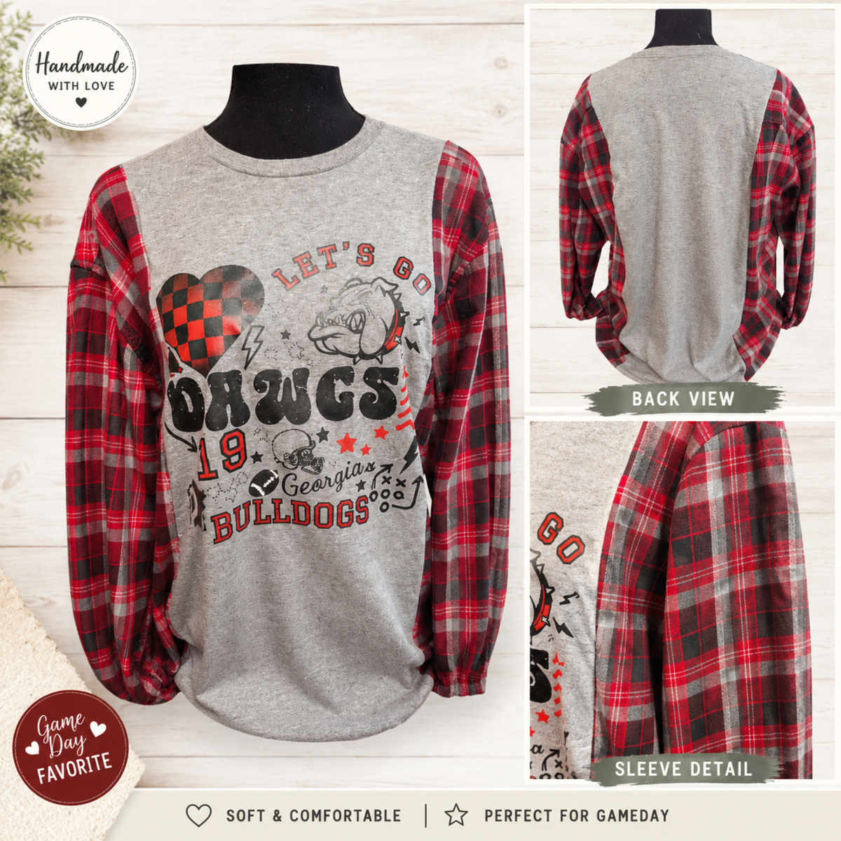 Upcycled Georgia Bulldogs Flannel Sleeve Shirt – Let's Go Dawgs – Size M/L