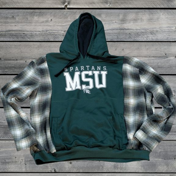 Upcycled MSU sweatshirt with flannel sleeves, size large