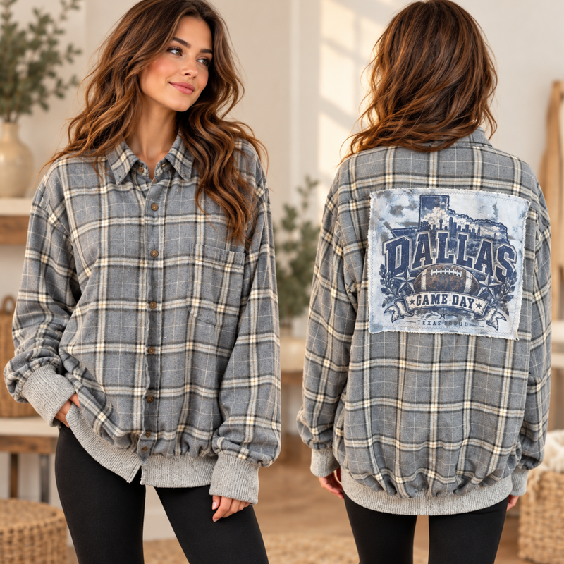 One-of-a-Kind Upcycled Dallas Game Day Flannel – Large Tall