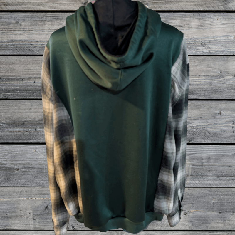 Upcycled MSU sweatshirt with flannel sleeves, size large