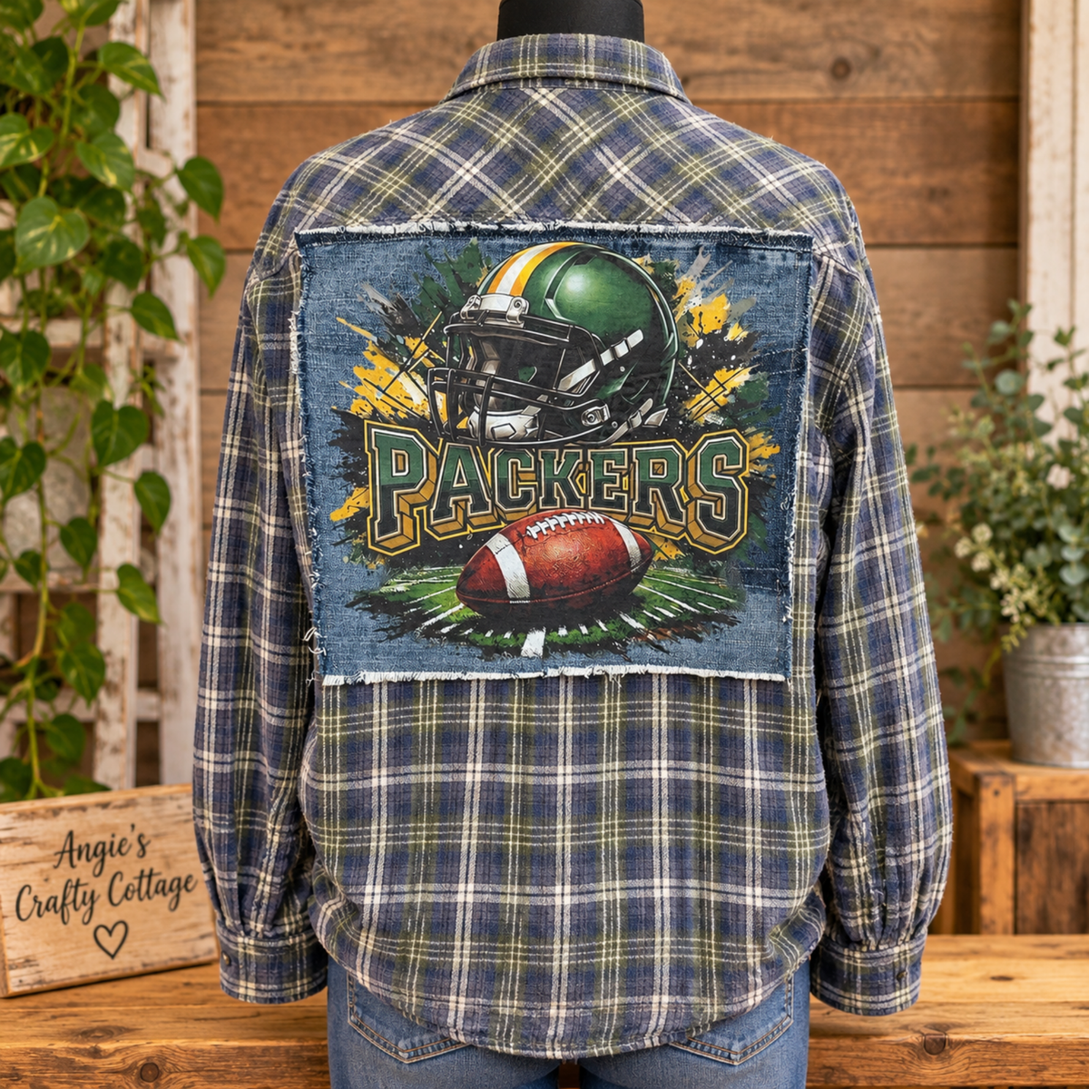 Upcycled Sports Flannel – Size Large | Denim Back Graphic | One of a Kind