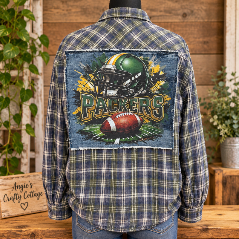 Upcycled Sports Flannel – Size Large | Denim Back Graphic | One of a Kind
