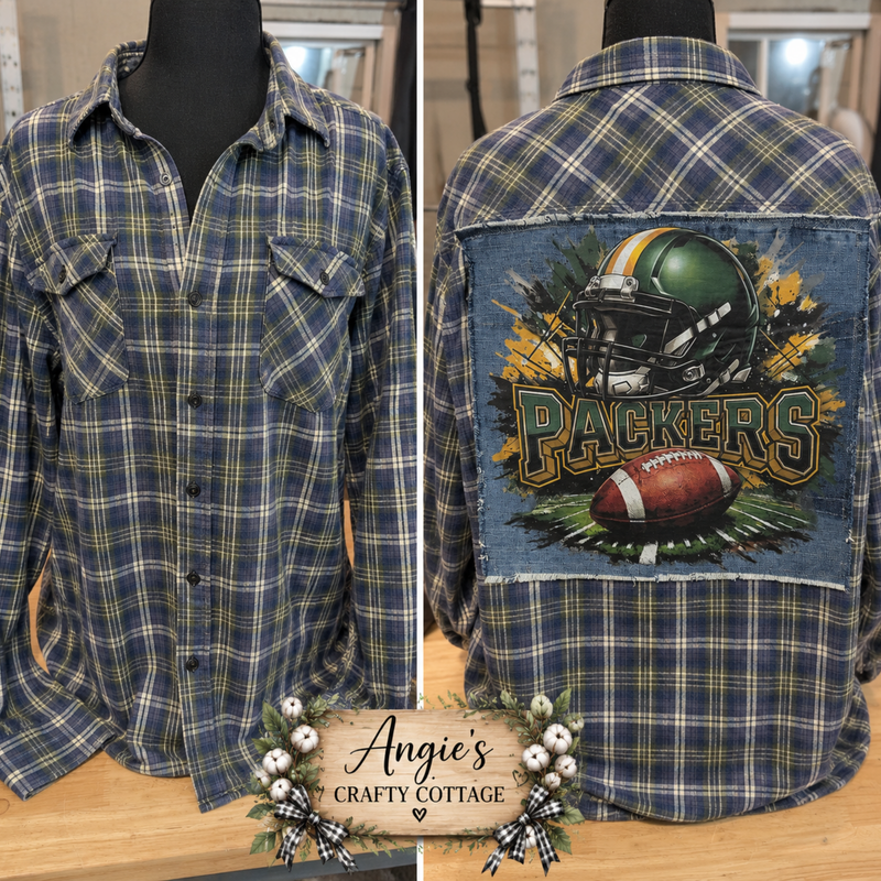 Upcycled Sports Flannel – Size Large | Denim Back Graphic | One of a Kind