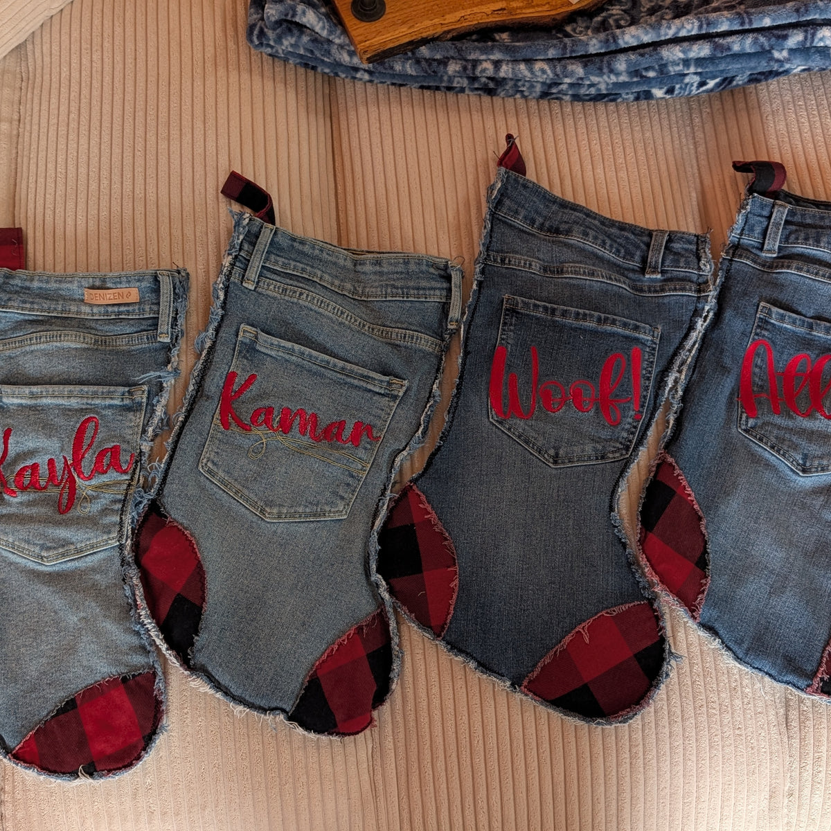 Personalized Denim Christmas Stocking – Upcycled Jeans with Plaid Accents