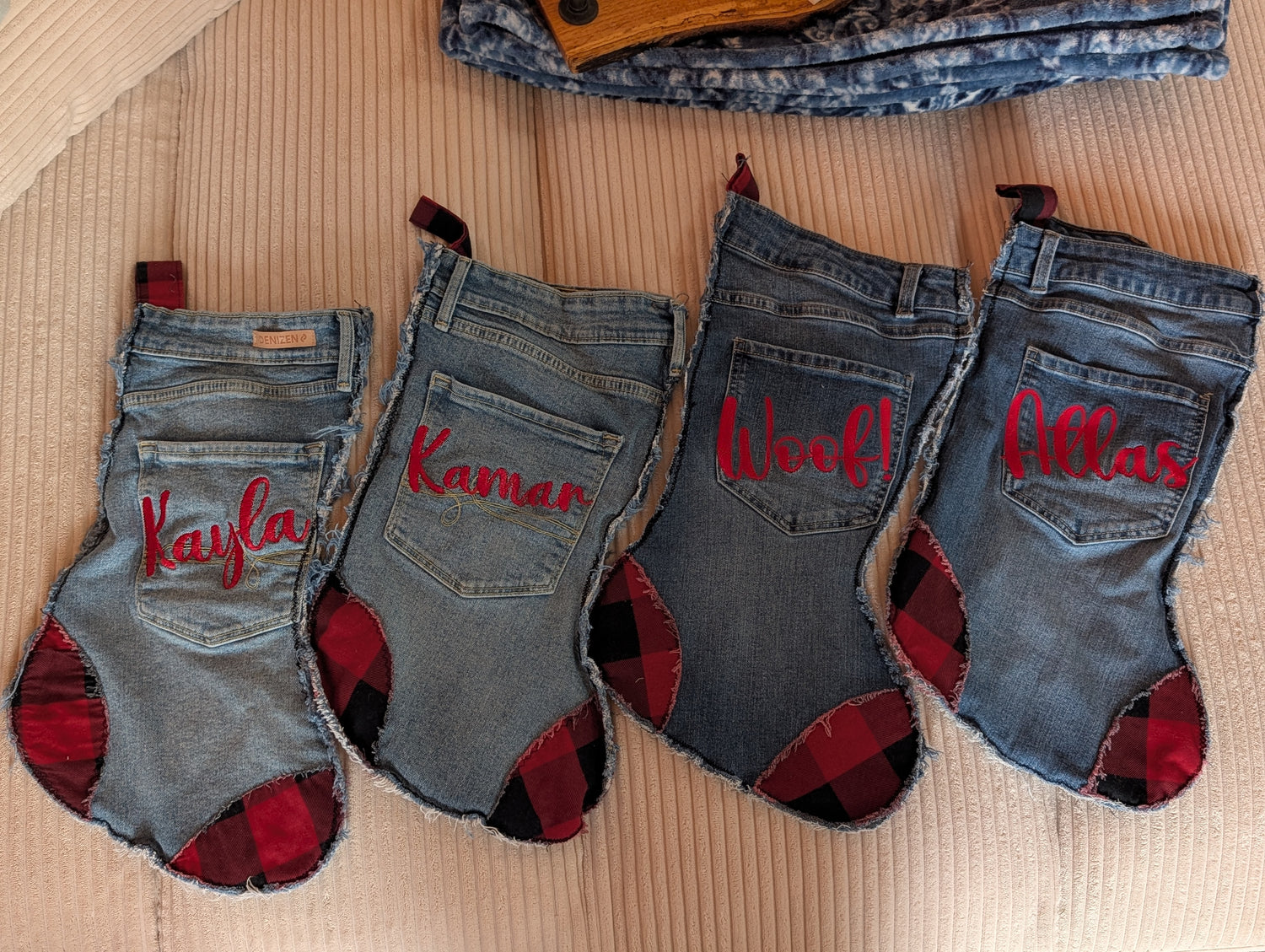 Personalized Denim Christmas Stocking – Upcycled Jeans with Plaid Accents