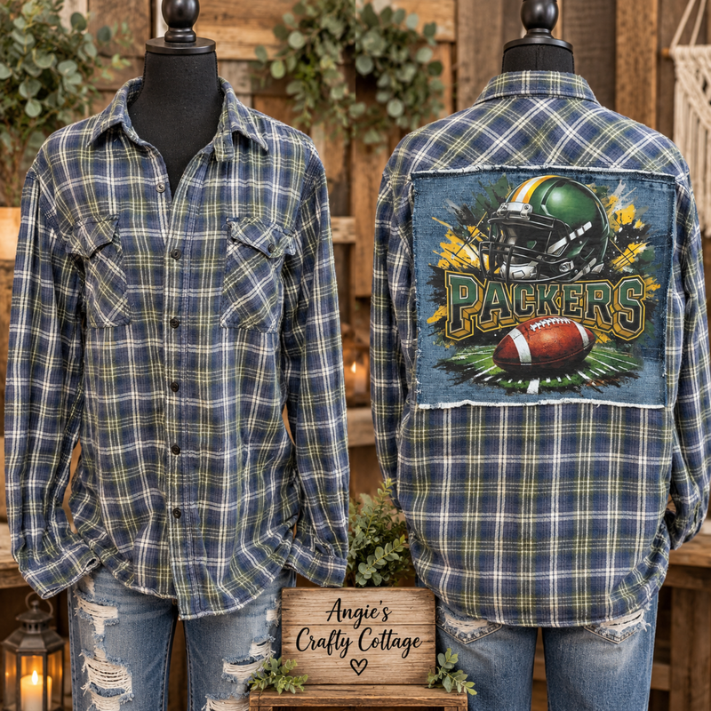 Upcycled Sports Flannel – Size Large | Denim Back Graphic | One of a Kind