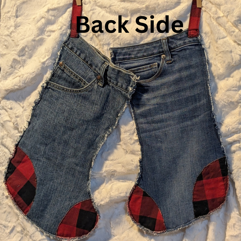 Personalized Denim Christmas Stocking – Upcycled Jeans with Plaid Accents
