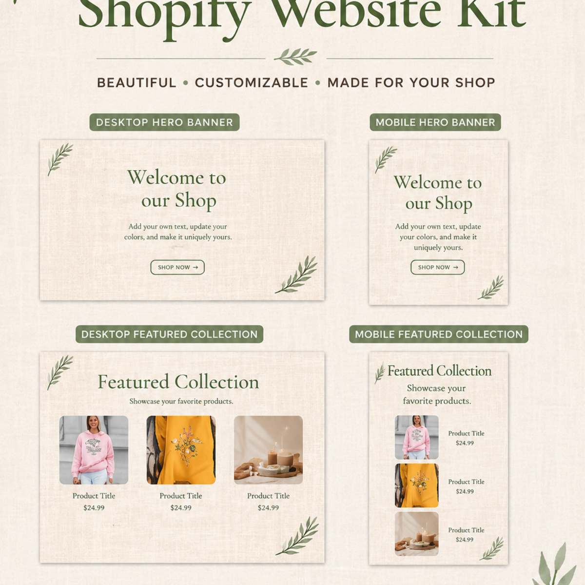 Cottage Chic Shopify Website Kit | Canva Editable Website Templates | Desktop & Mobile Storefront Bundle