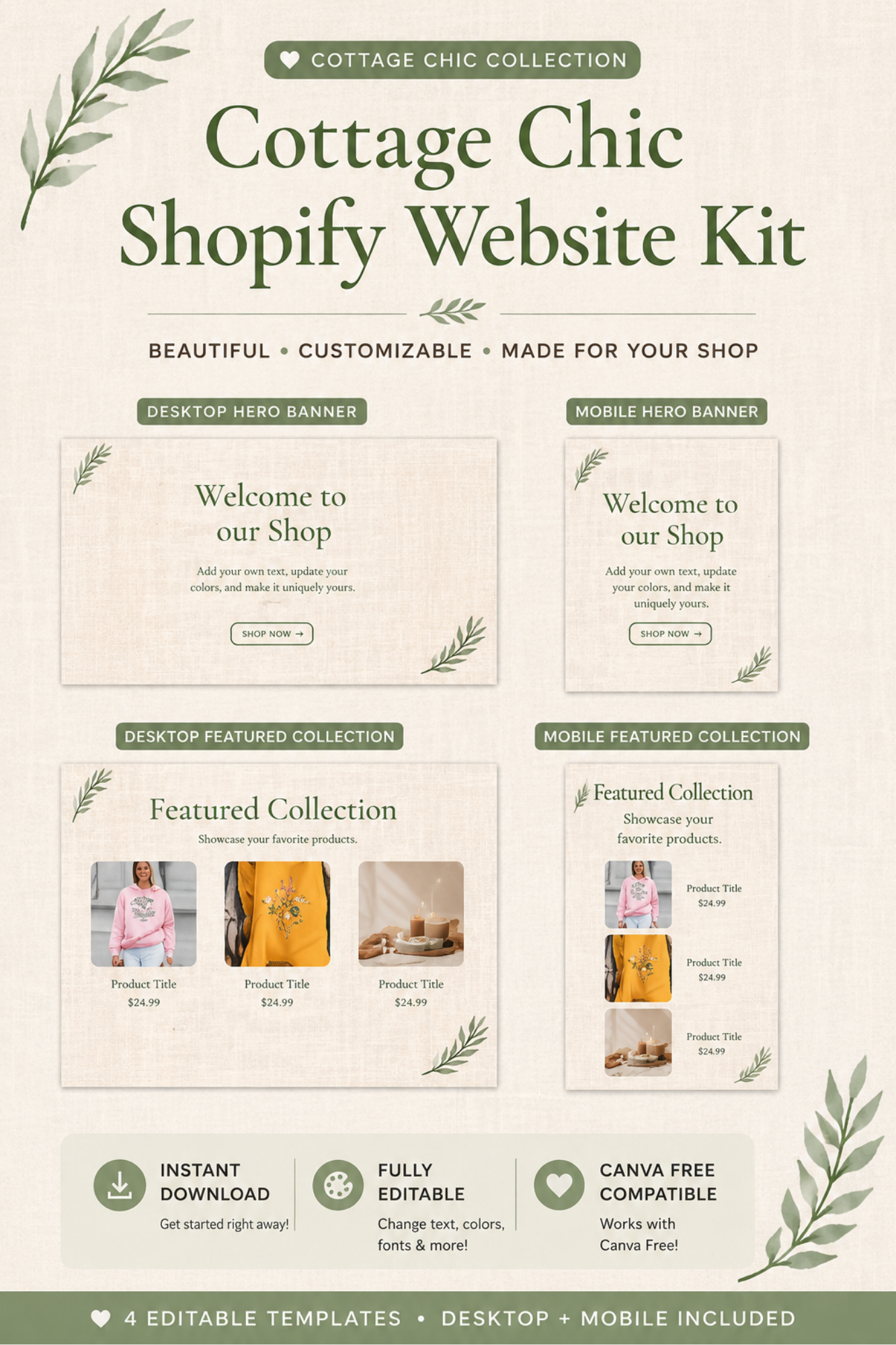 Cottage Chic Shopify Website Kit | Canva Editable Website Templates | Desktop & Mobile Storefront Bundle