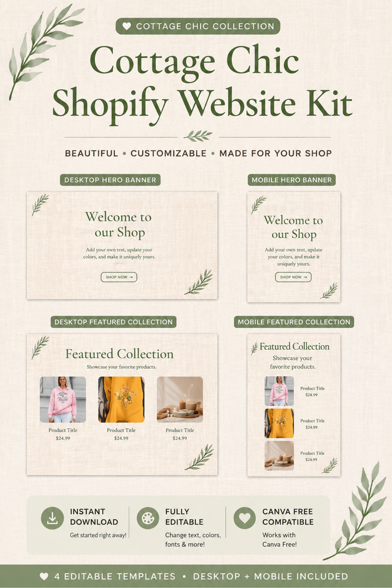 Cottage Chic Shopify Website Kit | Canva Editable Website Templates | Desktop & Mobile Storefront Bundle