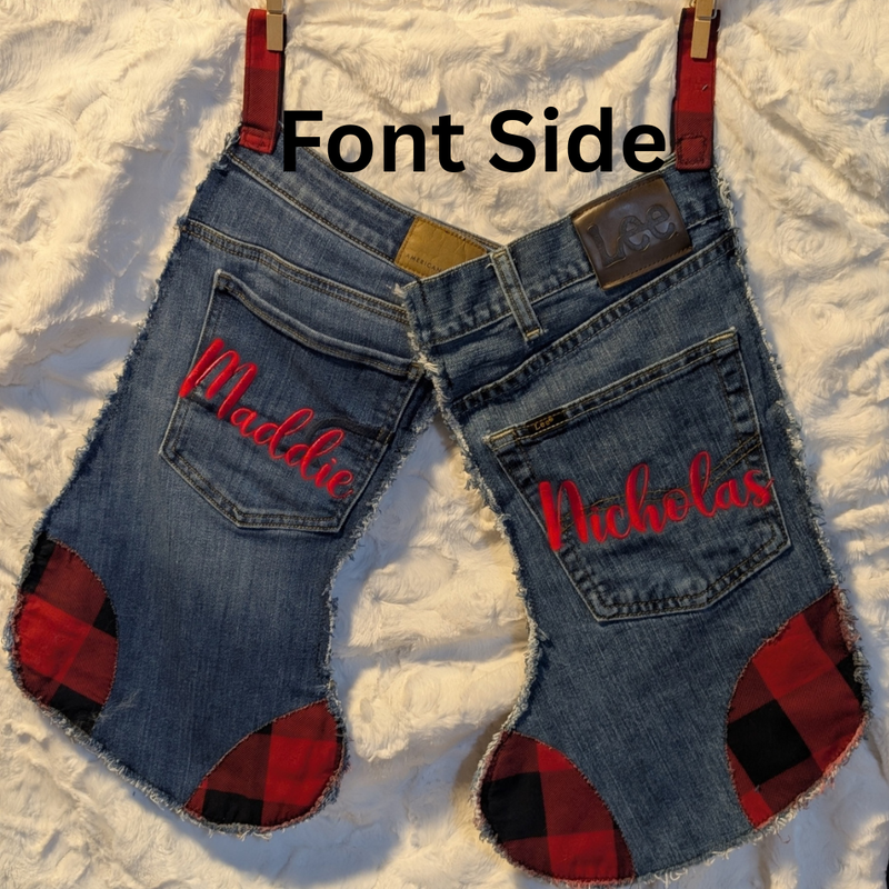 Personalized Denim Christmas Stocking – Upcycled Jeans with Plaid Accents