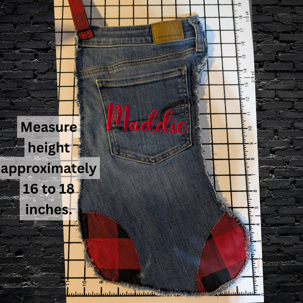 Personalized Denim Christmas Stocking – Upcycled Jeans with Plaid Accents