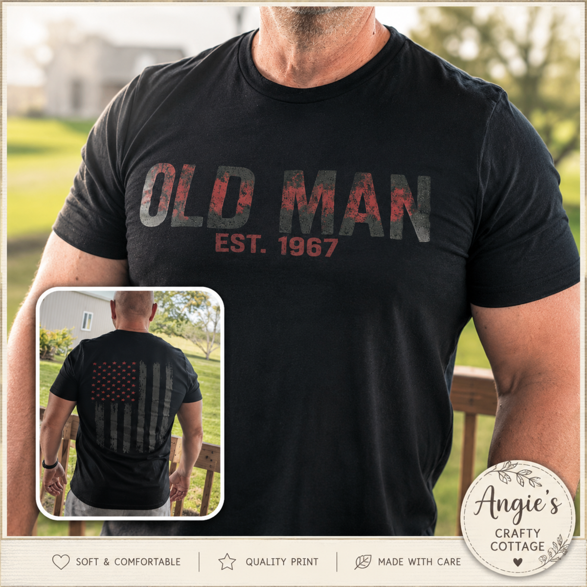Old Man EST. Custom Year Graphic T-Shirt – Funny Dad Tee with American Flag Back