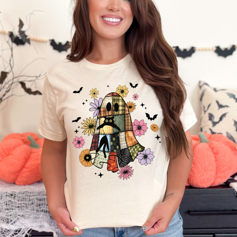 Boho Faux Patchwork Ghost Tee – Cute & Cozy Halloween Vibes