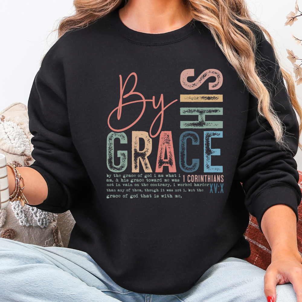 Colorful "By His Grace" Crewneck | Artistic DTF Print