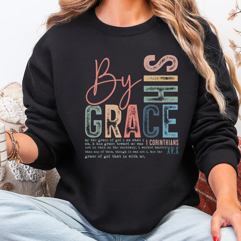 Colorful "By His Grace" Crewneck | Artistic DTF Print
