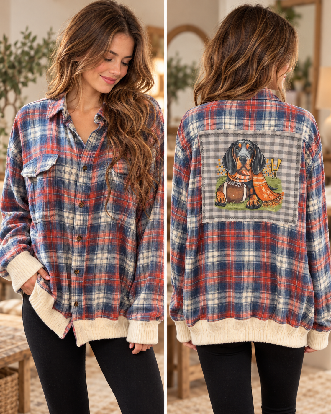 Styled mockup of Tennessee-inspired upcycled flannel front and back