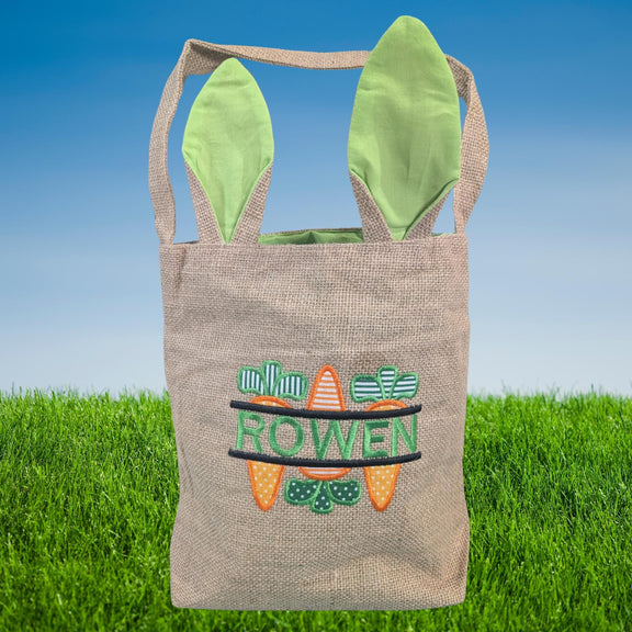 Easter Bunny Basket Personalized with Embroidery, Rustic Style, burlap
