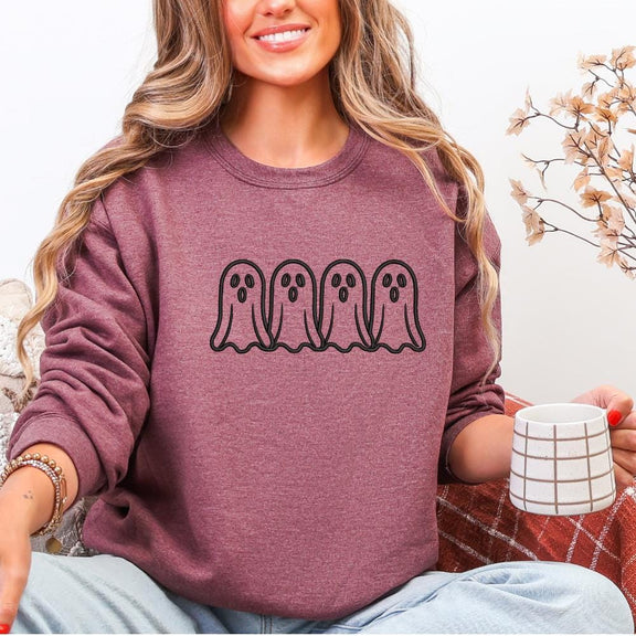 Embroidered Ghost Patchwork Sweatshirt: Spooky Autumn Appliqué Crewneck