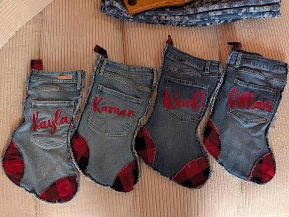 Personalized Denim Christmas Stocking – Upcycled Jeans with Plaid Accents