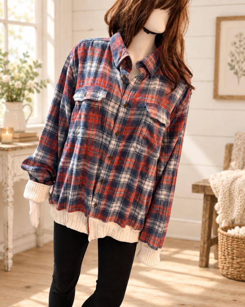 Front of upcycled plaid flannel with cream knit trim, cottage background